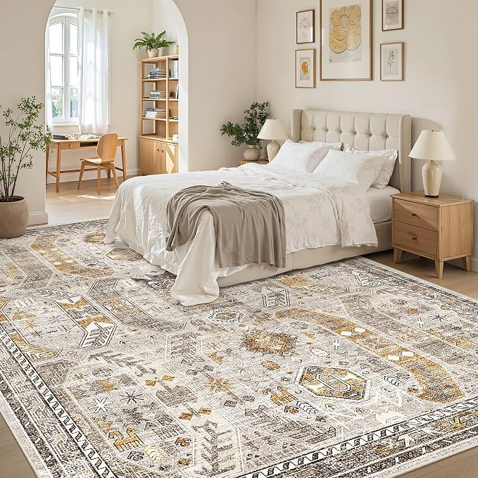 Madane 8x10 Area Rugs for Living Room, Non-Slip Washable Rug, Brown/Gold | Ultra-Thin Stain Resistant Vintage Large 8'X10' Carpet, Low-Pile Floor Mat For Bedroom Dining Room Office Home Decor