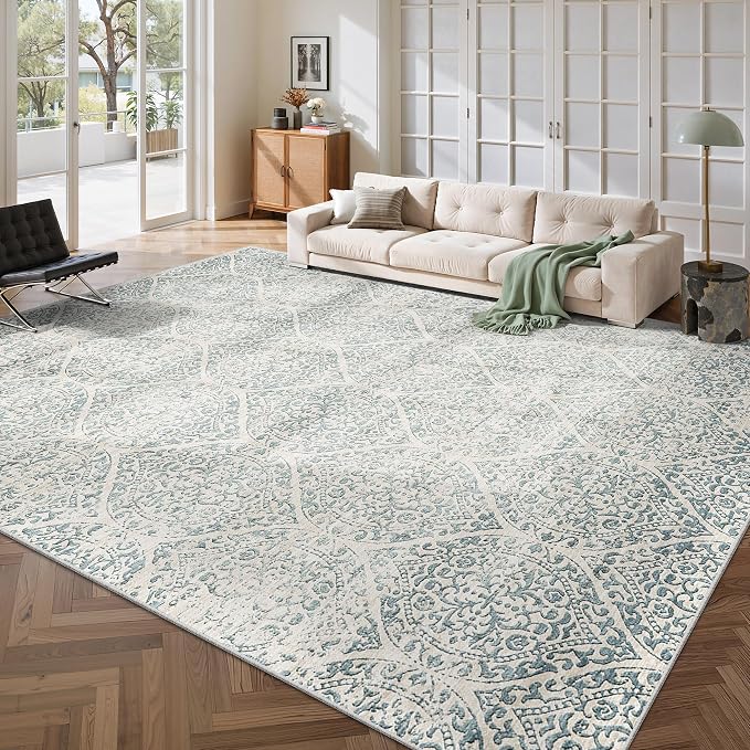 Soalmost 9x12 Area Rugs for Living Room, Moroccan Trellis Washable Soft Rug | Stain Resistant Non-Slip Low Pile Natural Large Carpet for Dining Room Bedroom Home Office Nursery Teal Blue, 9'x12'