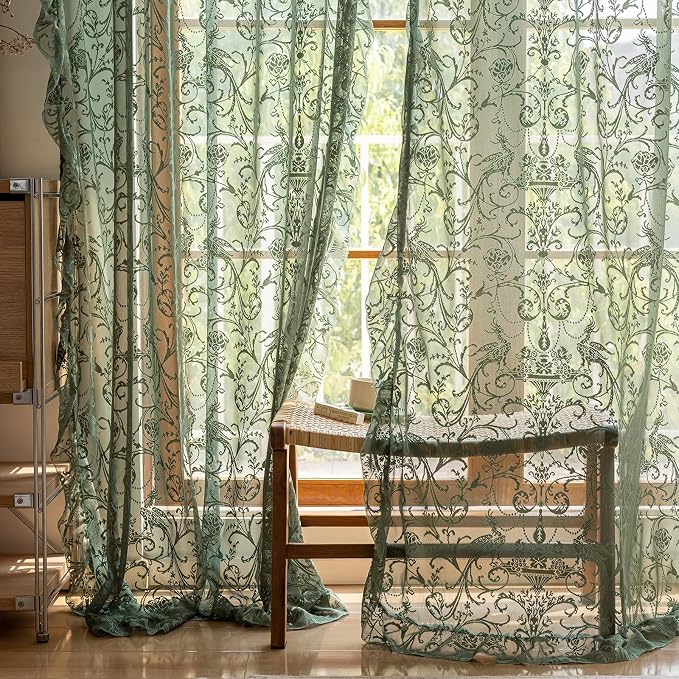 TUDECO Green Sheer Curtains 108 Inch Long for Living Room - Shabby Chic Lace Floral Ruffled Curtains Elegant Knitted Privacy Rod Pocket Emerald Green Spring/Summer Decor1 Pair, 59 x 108 Inch