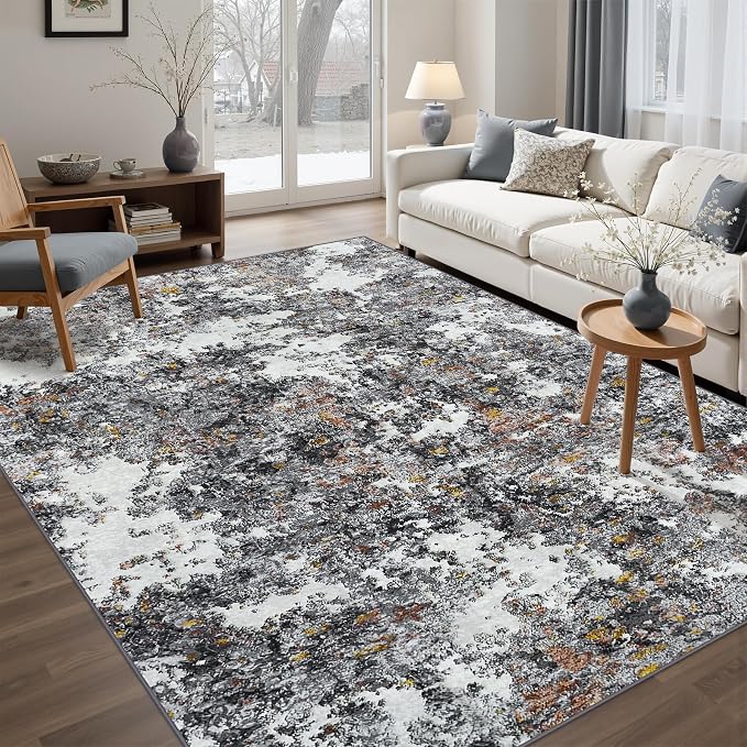 Washable Rug 6x9 Area Rugs: Soft Large Living Room Rug with Anti-Slip Backing Non-Shedding Stain-Resistant Modern Abstract Carpet for Bedroom Dining Room Nursery Home Office-Gray/Multi
