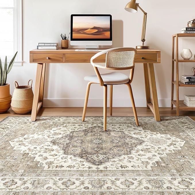 10x13 Area Rug Living Room: Washable Boho Large Neutral Vintage Soft Rug Stain Resistant Farmhouse Non-Slip Indoor Floor Carpet for Bedroom Nursery Kids Playroom Office Dining Room Home- Brown Beige