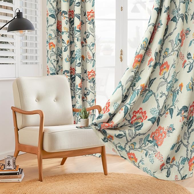 DriftAway Ada Floral Botanical Print Flower Leaf Lined Thermal Insulated Room Darkening Blackout Window Curtains 2 Layers Set of 2 Panels Each 52 Inch by 84 Inch Linen Orange Teal