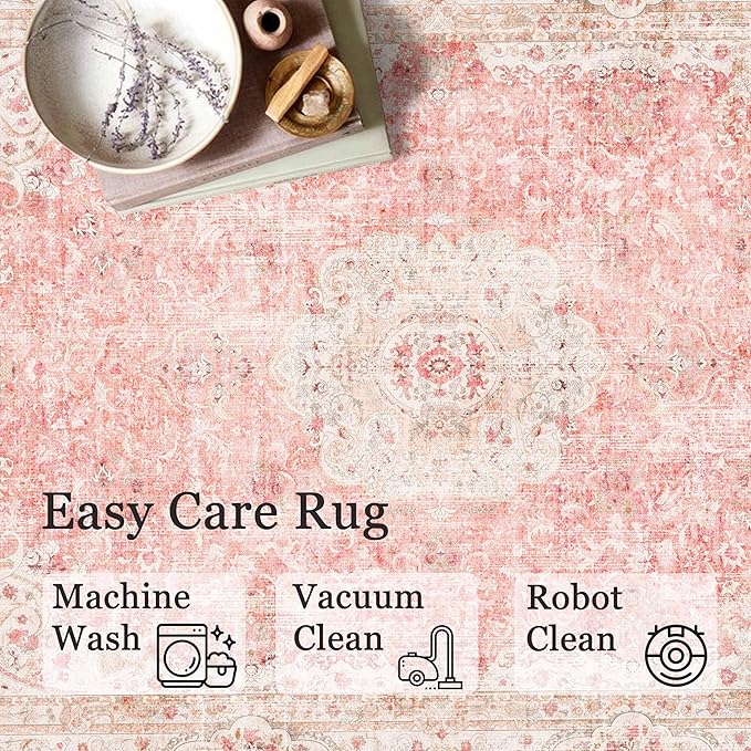 Pink Round Rug 5ft, Circle Boho Area Rugs for Bedroom Living Room,Washable Vintage Bohemian Distressed Oriental Floral Carpet Non Slip,Blush 5'x5'