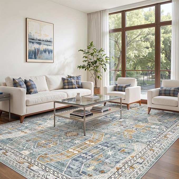 befbee Washable Rug 8x10 Area Rugs for Living Room - Stain Resistant Non-Slip Backing Rugs for Bedroom - Vintage Large Area Rug (Blue/Gold, 8'x10')
