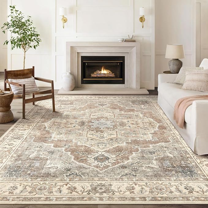 8x10 Washable Area Rug: Vintage Neutral Soft Non Slip Thin Large Floor Carpet for Living Room Bedroom Kitchen Dining Room Home Office Farmhouse Indoor - Beige Brown