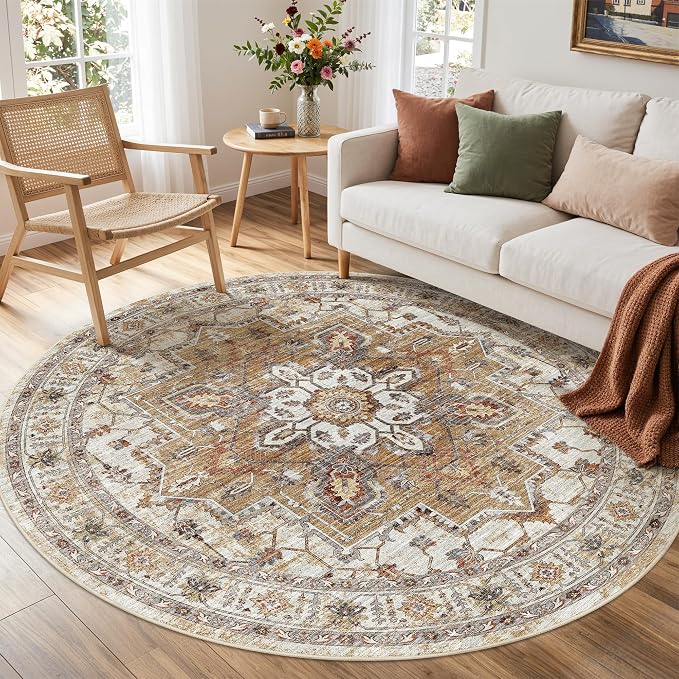 Madane Washable 5ft Circle Round Rug, 5x5 Circular Area Rugs, Turmeric/Grey | Non-Slip Vintage Floor Carpet for Living Room Dining Room, Low Pile Home Decor Mat For Bedroom Office Under Table