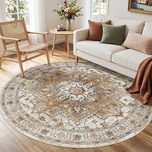 Madane Washable 6ft Circle Round Rug, 6x6 Circular Area Rugs, Turmeric/Grey | Non-Slip Vintage Floor Carpet for Living Room Dining Room, Low Pile Home Decor Mat For Bedroom Office Under Table
