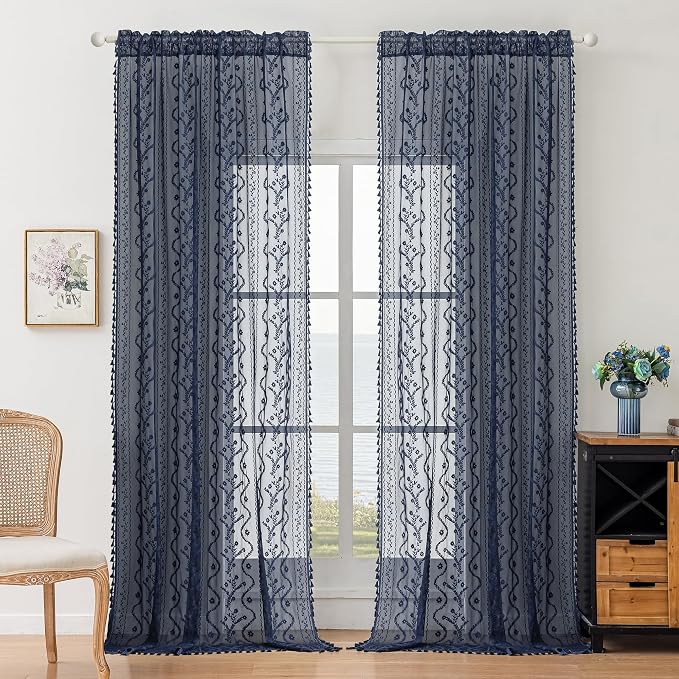 WAZZIO Boho Lace Curtains 2 Panels 84 Inch -Victorian Sheer Panel Drape French Country Floral Pattern & Tassel Light Filtering Privacy for Bedroom Dining Living Room,Coastal Decor,Navy Blue,W52x L84