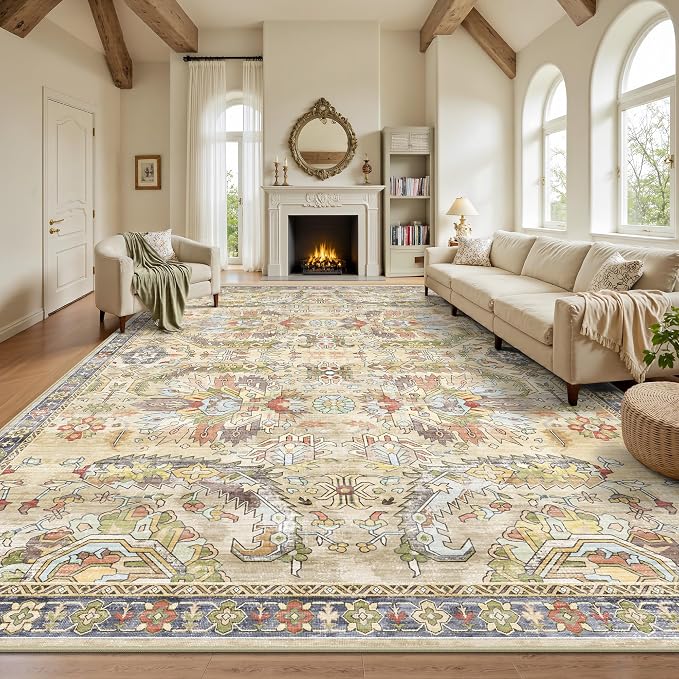 8x10 Area Rugs, Vintage Retro Soft Washable Rug, Non-Slip Low Pile Rugs for Living Room, Bedroom, Dining Room, Stain Resistant Home Decor Rug (Vintage Ivory/Multi)