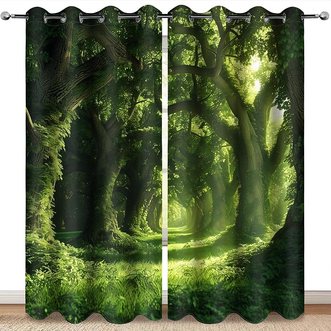 MissHope Green Tree Forest Blackout Curtains Wild Green Scenery Sunshine Decor for Bedroom Study Classroom Living Room Darkening Grommet Window Drapes 2 Panel Set, 42x63 Inch