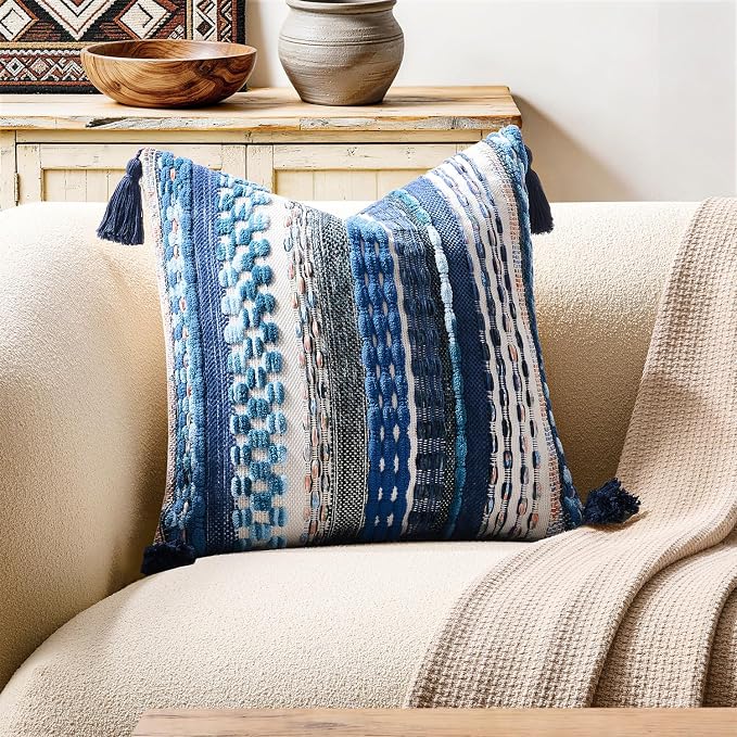 Kevin Textile 18x18 Inch Throw Pillow Cover 1 Pack Boho Decorative Soft Chenille Thread Woven Tufted Textured Square Cushion Case Farmhouse Accent for Living Room Couch Sofa Bed, Blue