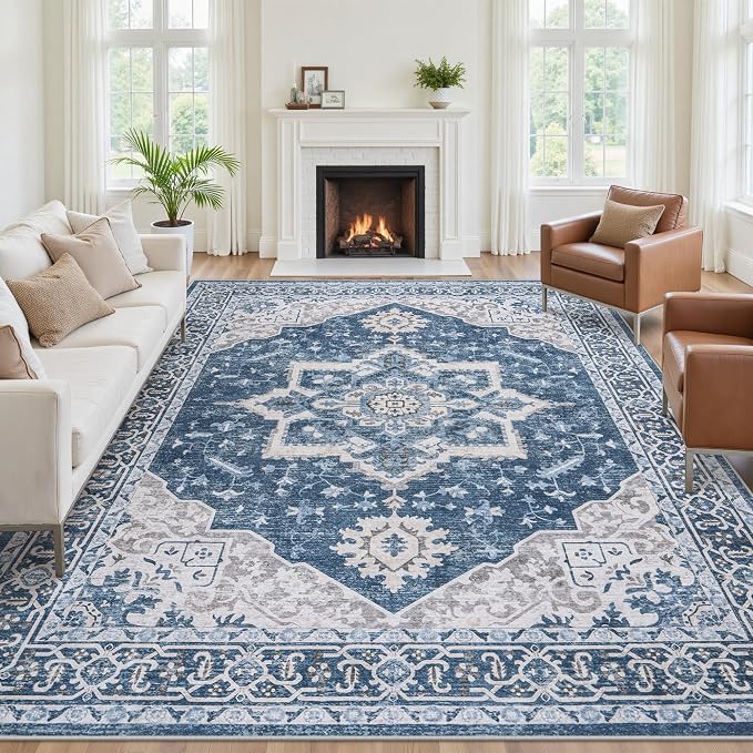 8x10 Area Rugs for Living Room:Blue Washable Vintage Medallion Boho Rug Non-Slip No Slip Stain Resistant Soft Low Pile Large Rugs Indoor Retro Carpet for Bedroom Nursery Dining Office (Blue 8'x10')