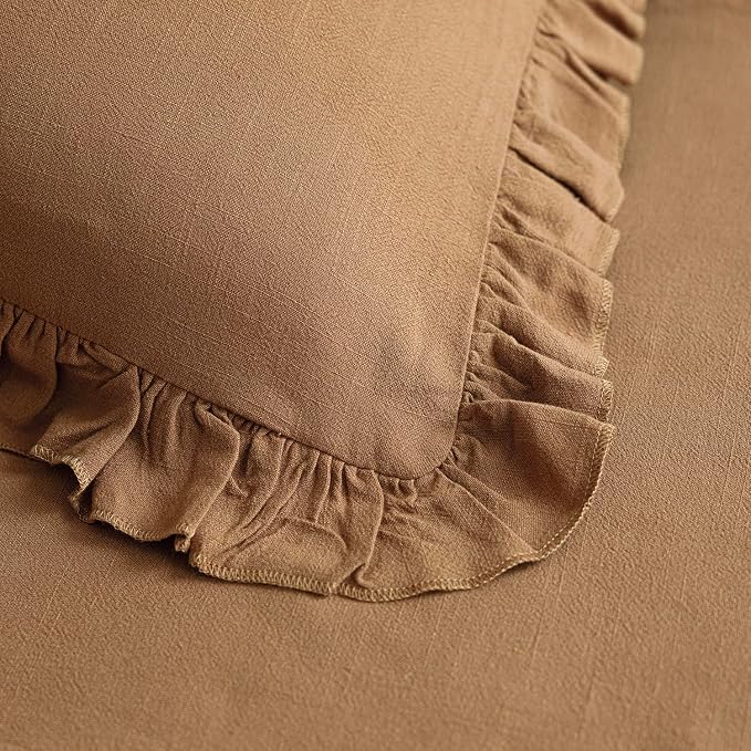 Foindtower Set of 2 Decorative Soild Fringe Ruffle Throw Pillow Covers Soft Boho Farmhouse Cushion Cover Cozy Accent Retro Pillowcase for Couch Sofa Bed Living Room Home Decor,22×22 Inch,Orange Brown