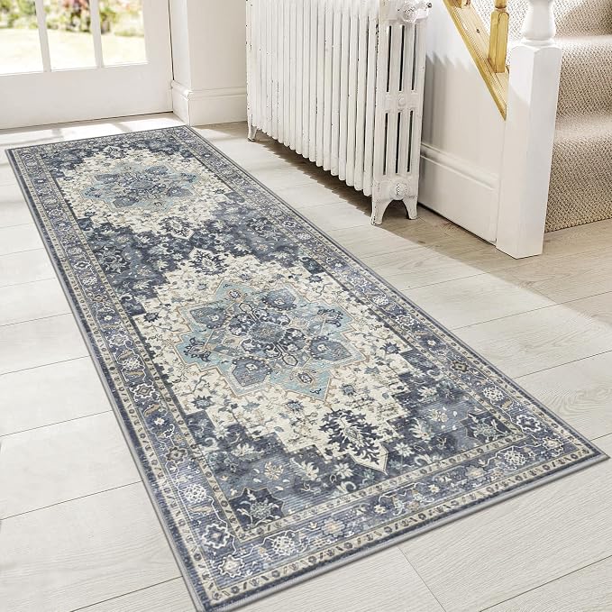 GENIMO 2x6 Runner Rugs for Hallway, Machine Washable Non Slip Vintage Rugs, Low Pile Lightweight Soft Print Rug for enrtyway, Corridor, Home Office, Kitchen, Center Blue