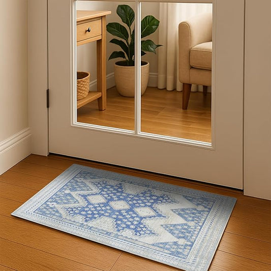 Beige Blue Boho Oushak Rug 2x3 - Vintage Turkish Small Area Rugs for Kitchen Floor, Non-Slip Washable Rugs for Entryway, Entrance, Bathroom, Bedroom, Under Table, Living Room, Indoor