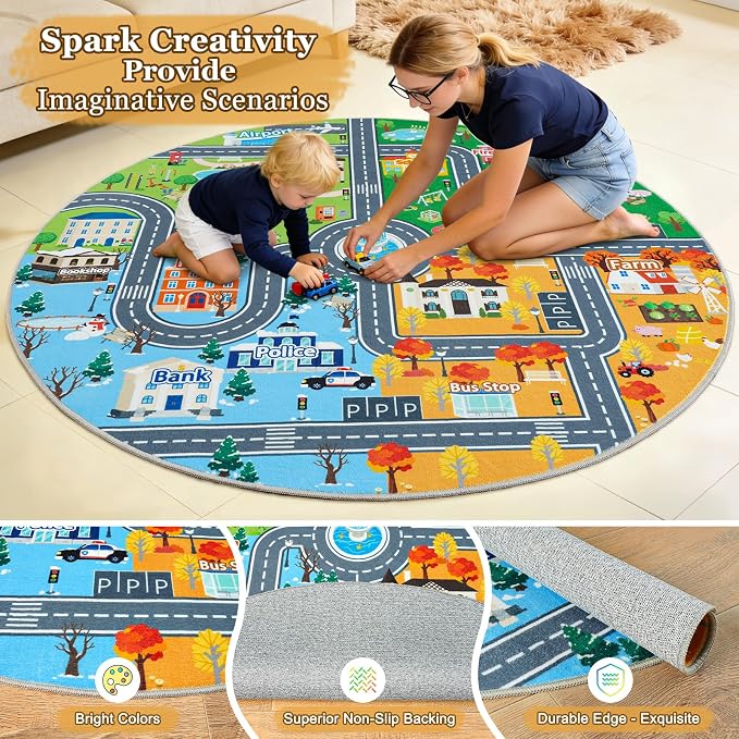 Kids Car Rug Play Mat for Toy Cars, Round 47" City Road Town Track Four Seasons Traffic Carpet, Non-Slip Washable Area Rug for Kids Room Bedroom Classroom Play Area, Fun Learning Carpet for Children