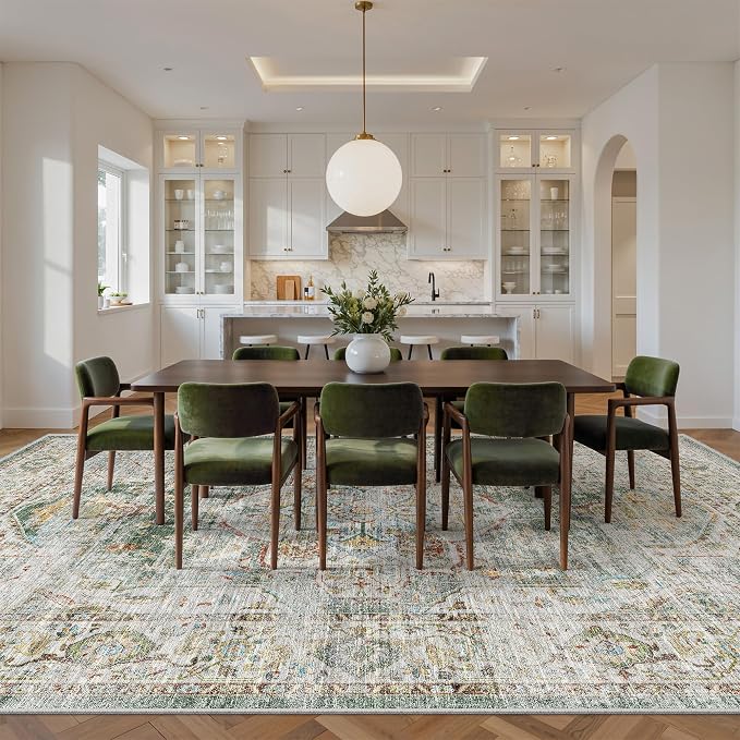 befbee 9x12 Area Rug,Ultra-Thin Washable Rugs for Living Room,Non-Slip Lightweight Foldable Area Rug,Stain Resistant Vintage Large Rugs (Green,9'x12')