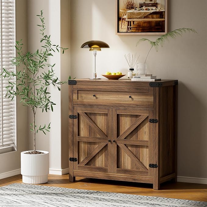 YESHOMY Farmhouse Coffee Bar Cabinet Sideboards, with Barn Doors, Spacious Drawer, Adjustable Interior Shelf, Generous Top Surface, for Kitchen, Bathroom, Entryway, Living Room, Rustic Brown
