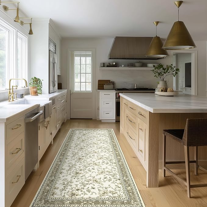 Beige Tan Neutral Boho Washable 3x8 Extra Long Hallway Runner Rug, Extra Large Kitchen Floor Rug Indoor Entryway Non-Slip Low Pile Machine Washable, Farmhouse Light Taupe Pattern Floral Design