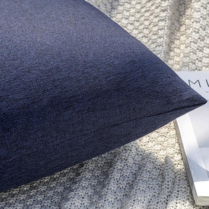MIULEE Pack of 2 Decorative Outdoor Solid Waterproof Throw Pillow Covers Euro Sham Faux Linen Garden Farmhouse Cushion Cases for Summer Patio Tent Balcony Couch Sofa 22x22 Inch Navy