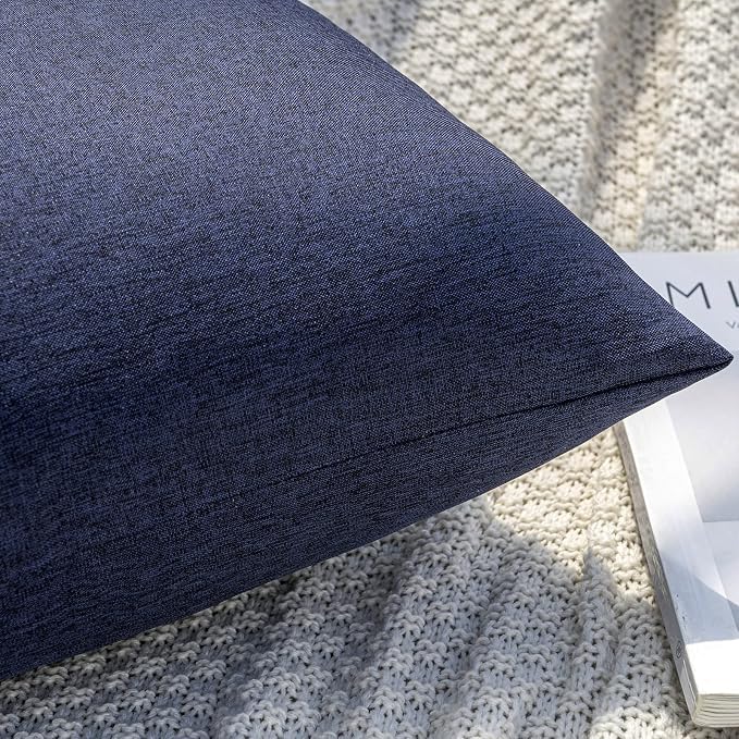 MIULEE Pack of 2 Decorative Outdoor Solid Waterproof Throw Pillow Covers Faux Linen Garden Farmhouse Cushion Cases for Summer Patio Tent Balcony Couch Sofa 20x12 Inch Navy