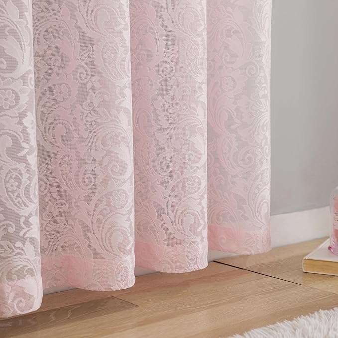 Pink Lace Curtains 72 Inches Long 2 Panels, Floral Coquette Sheer Drapes | Vintage Floral Lace, Feminine Elegant, for Grils Bedoom Nursery, Light Filtering, Cutecore Room Decor, 52W x 72L Inch
