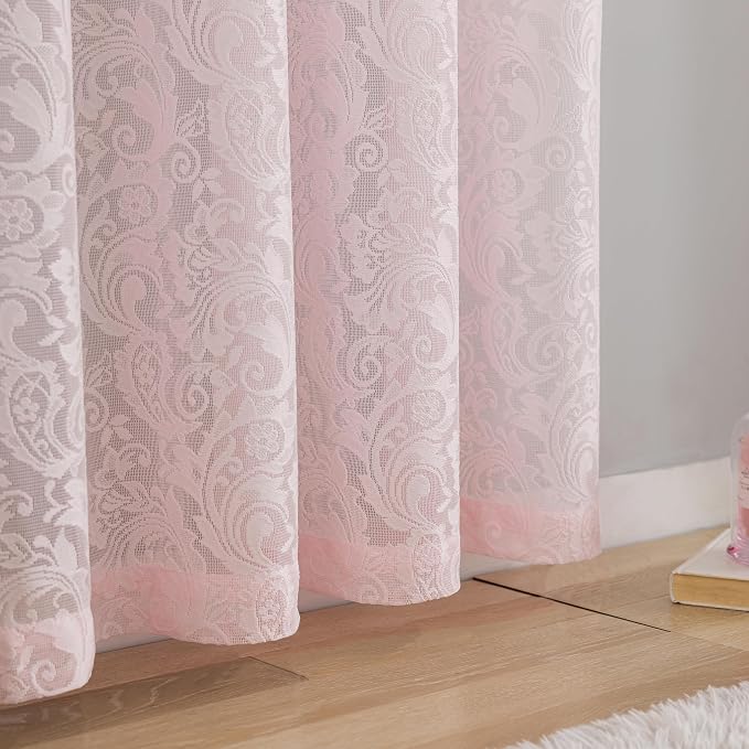 ALIGOGO Pink Lace Curtains 84 Inch 2 Panels Floral Coquette Sheer Drapes | French Cute Romantic, for Nursery Living Room, Light Filtering & Privacy, Rod Pocket, 52" W x 84" L