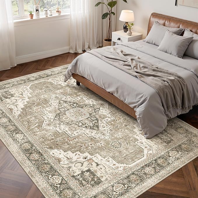 Roxstand 6x9 Area Rugs for Living Room, Washable Rug with Non-Slip Backing, Ultra-Thin Rugs for High-Traffic Areas, Super-Soft Floral Vintage Farmhouse Large Area Rug (Brown/Beige, 6'x9')