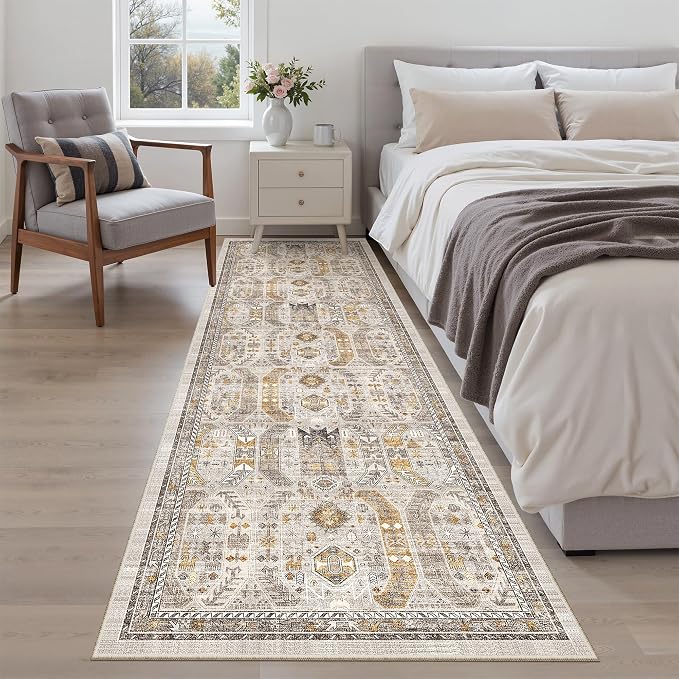 Madane Kitchen Runner 2'6''x8' Soft Rug Runners for Hallways, Brown/Gold | Vintage Machine Washable Rugs 2.5x8 Ft, Non-Slip Low Pile Stain-Resistant 8ft Floor Carpet for Laundry Room, Corridor