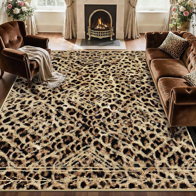 BESTSWEETIE Area Rug 8x10 Rug Machine Washable Non-Slip Low Pile Print Pattern Western Rug for Living Room Bedroom Entryway Tribal Series-Dark/Leopard