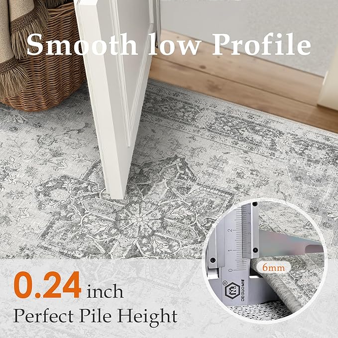 PureCozy Gray 5x7 Area Rug Washable Vintage Living Room Carpet Non Slip Retro Distressed Low Pile Soft Oriental Medallion Thin Grey Throw Rug for Kitchen Bathroom Office Bedroom Dining Room