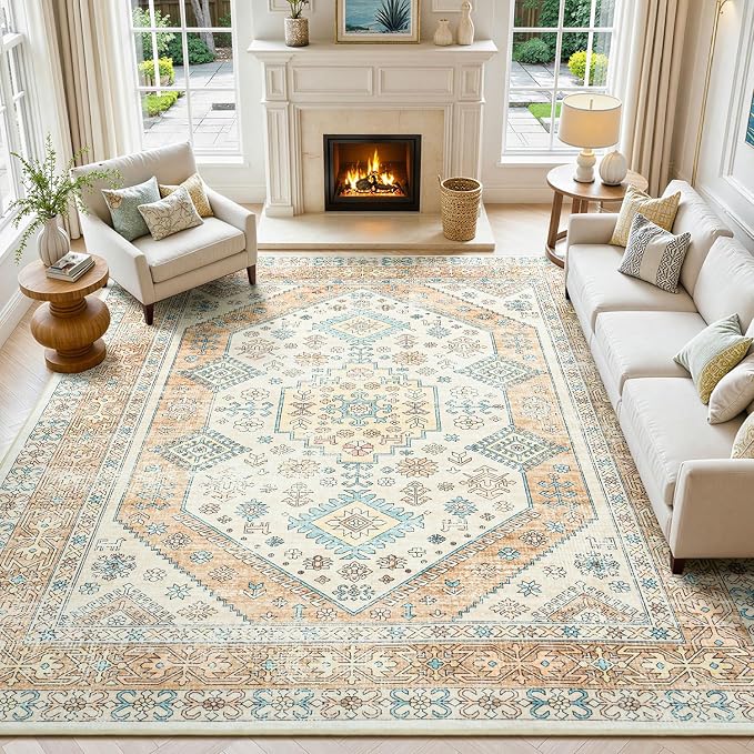 Lofus Vintage Living Room Rugs 8x10, Soft Machine Washable Area Rug for Bedroom Indoor Floor Home Office House Decor, Oriental Traditional Distressed Farmhouse Carpet, Boho Beige and Orange