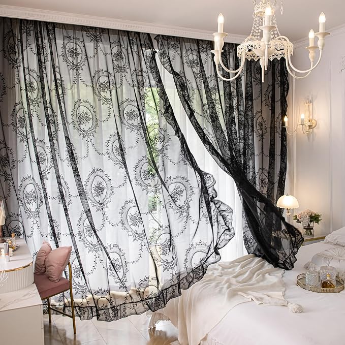 Sutuo Home Black Lace Curtains Set of 2, Sheer Panels 63 Inch Length Rose Floral Embroidery Vintage Ruffled Window Treatment Pair for Bedroom Living Room, Shabby Chic Decor Rod Pocket, W57 x L63