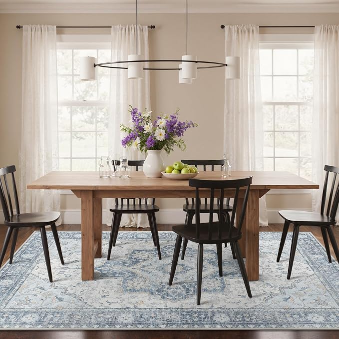 GENIMO 5x7 Area Rugs for Living Room, Machine Washable Non Slip Vintage Rugs, Low Pile Lightweight Chenille Print Rug for Bedroom, Dining Room, Home Office, Light Blue
