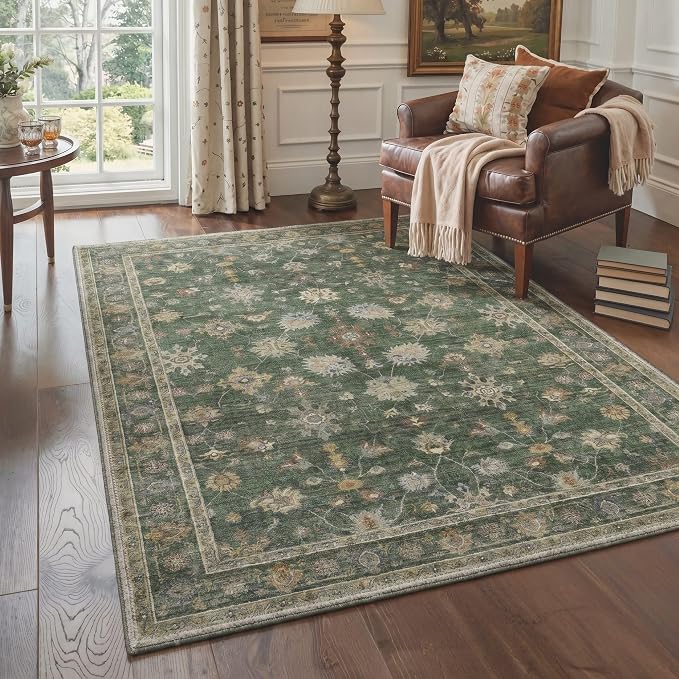 Bavni Washable Rugs 8x10, Machine Washable Rug Lightweight Low Pile, Floral Vines Vintage Rug Non-Shedding Distressed Throw Carpet for Living Room Bedroom Office, Dusty Green