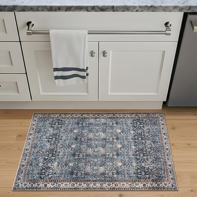 Bloom Rugs Washable Non-Slip 2' x 3' Rug - Blue/Beige Traditional Oriental Area Rug for Living Room, Bedroom, Dining Room, and Kitchen - Exact Size: 2' x 3'