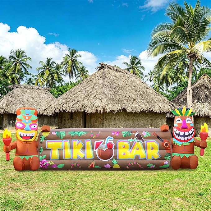DomKom 7FT Tiki Luau Inflatables, Two Tiki Inflatables, Hawaiian Summer Tropical Beach Blow up Party Decor Party Giant Yard Decoration, Outdoor Built-in LED Lights Lawn Holiday Outside