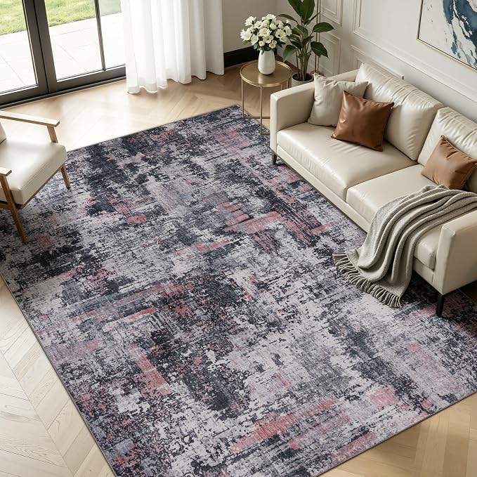 Sasttie 9x12 Soft Area Rug for Living Room, Modern Abstract Washable Large Carpet for Bedroom, with Non-Slip Backing, Black and Pink