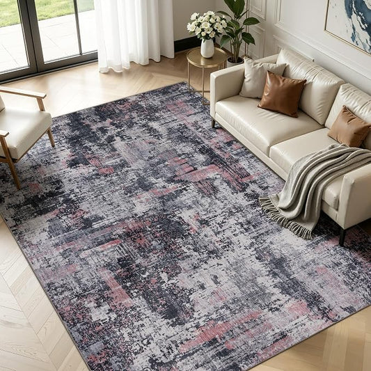 Sasttie 9x12 Soft Area Rug for Living Room, Modern Abstract Washable Large Carpet for Bedroom, with Non-Slip Backing, Black and Pink