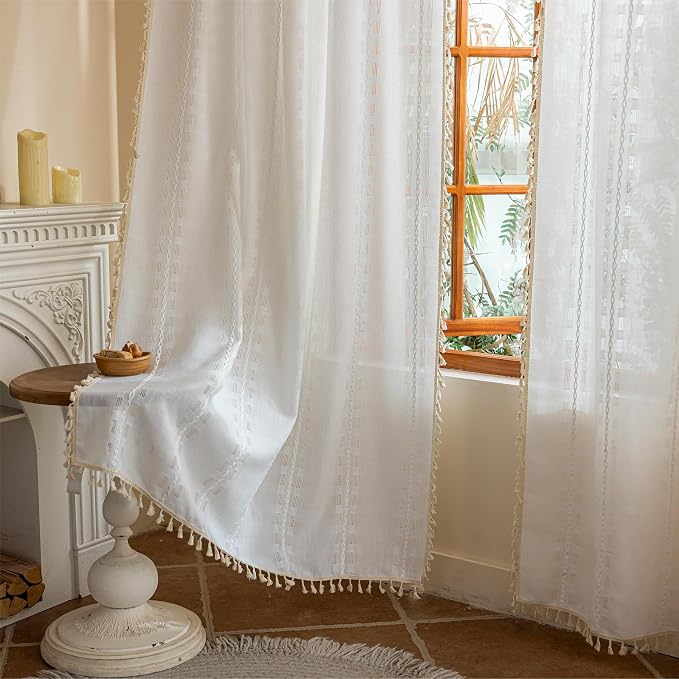 90 Inches Boho Curtains for Livingroom bedroom, Bohemian Semi Sheer Drapes, Farmhouse Privacy Tassels Vintage Chic Drape Embroidery Window Treatment Decor,Back Tab & Rod pocket Ivory White，2 Panels