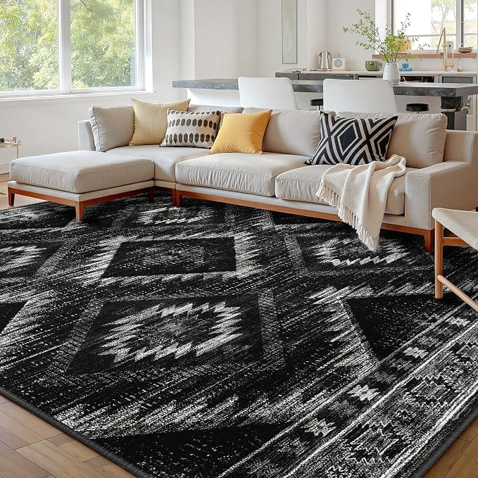 BESTSWEETIE Area Rug 9x12 Rug Machine Washable Non-Slip Low Pile Print Pattern Western Rug for Living Room Bedroom Entryway Tribal Series -Black