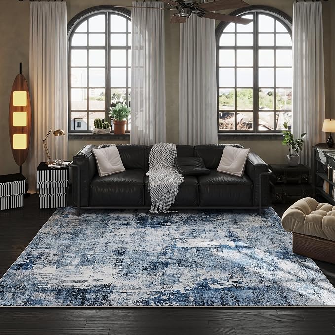 Rugcomf Area Rug 5x7 Washable Rug Boho Soft Abstract Pattern Non-Slip Non-Shedding Faux Wool Vintage for Living Room, Bedroom, Farmhouse, Dining Room, Indoor, Kids Playroom, Blue