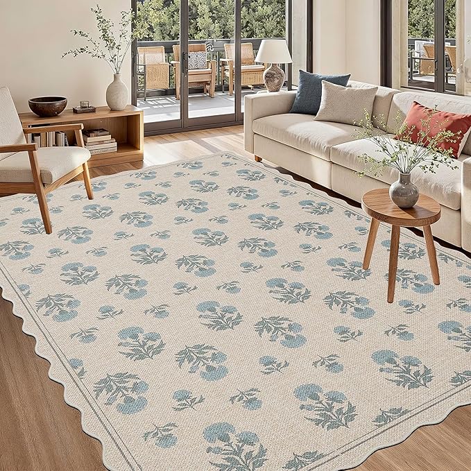 ORTIGIA Scalloped Easy Jute 5x7 Area Rug Vintage Blue Floral Farmhouse Washable Non-Slip Indoor Outdoor Carpet for Living Room Bedroom Patio Entryway