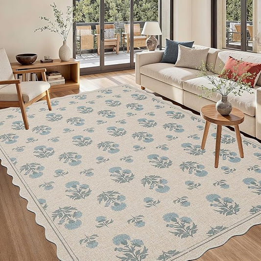ORTIGIA Scalloped Easy Jute 5x7 Area Rug Vintage Blue Floral Farmhouse Washable Non-Slip Indoor Outdoor Carpet for Living Room Bedroom Patio Entryway