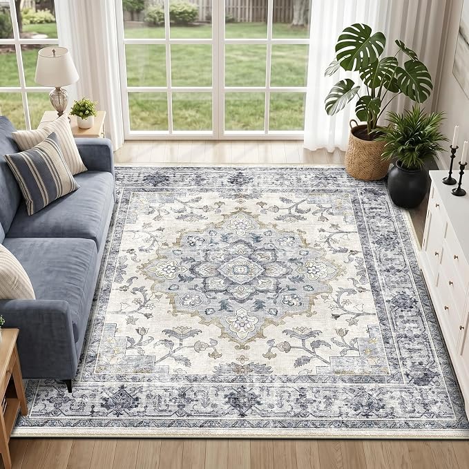 CAPALOCA Machine Washable Rugs Nursery Rug 4x6 Cute Girl Non Slip Low Pile Water Repellent Soft Print Pattern for Bedroom Indoor Decor Kids Playroom Blue White