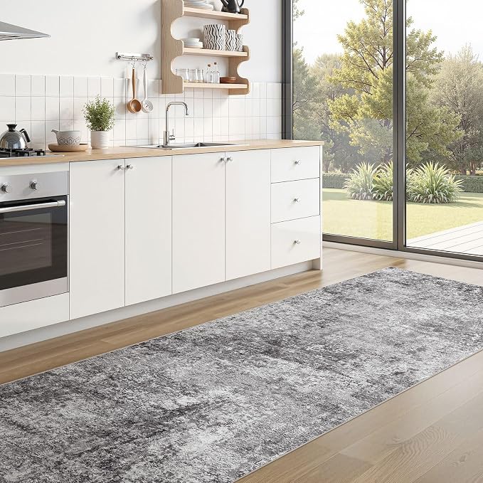 DMOYEST 3x10 Washable Runner Rug for Hallway: Soft Neutral Modern Abstract Low Pile Rug Indoor - Carpet for Bedroom Dining Room Kitchen Entryway - Grey