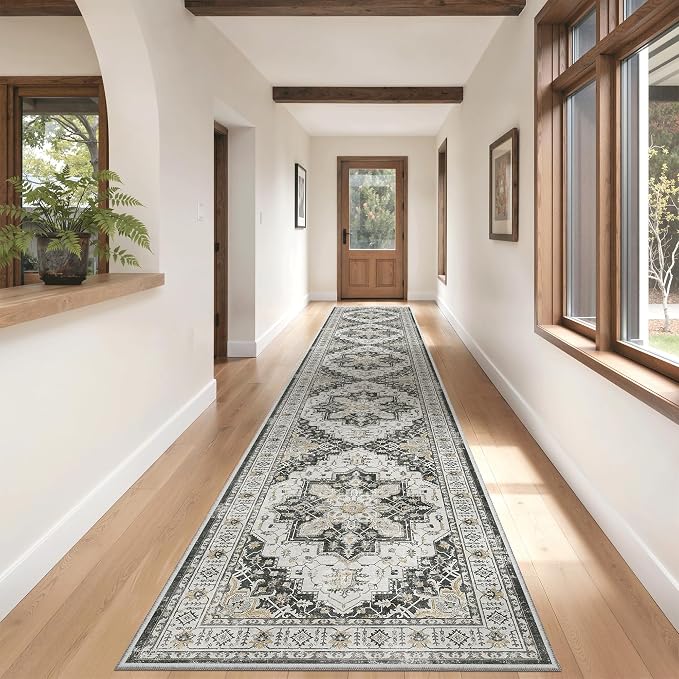 Madane Hallway Runner Rug 2'6''x14' Kitchen Runners Vintage, Black | Long Non-Slip Washable Rugs 14ft for Entryway Laundry and Bedroom, Stain-Resistant Low-Pile 2.5x14 Ft Floor Carpet