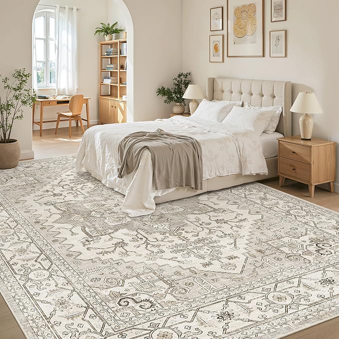 Madane 8x10 Area Rugs for Living Room, Non-Slip Washable Rug, Beige/Brown | Ultra-Thin Stain Resistant Vintage Large 8'X10' Carpet, Soft Low Pile Floor Mat For Bedroom Dining Room Office Home Decor