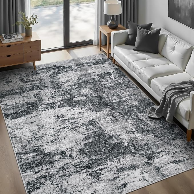 pmtsns Area Rugs 6x9 for Living Room: Washable Rug Modern Abstract Neutral Soft Non-Slip Low-Pile Indoor Carpet for Bedroom Dining Room Playroom Home Office (Black Grey, 6'x9')