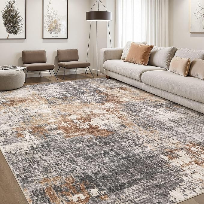 DMOYEST Area Rug Living Room Rugs - 7x9 Washable Large Soft Indoor Neutral Modern Abstract Low Pile Rug Carpet for Bedroom Dining Room Farmhouse Home Office - Grey Brown